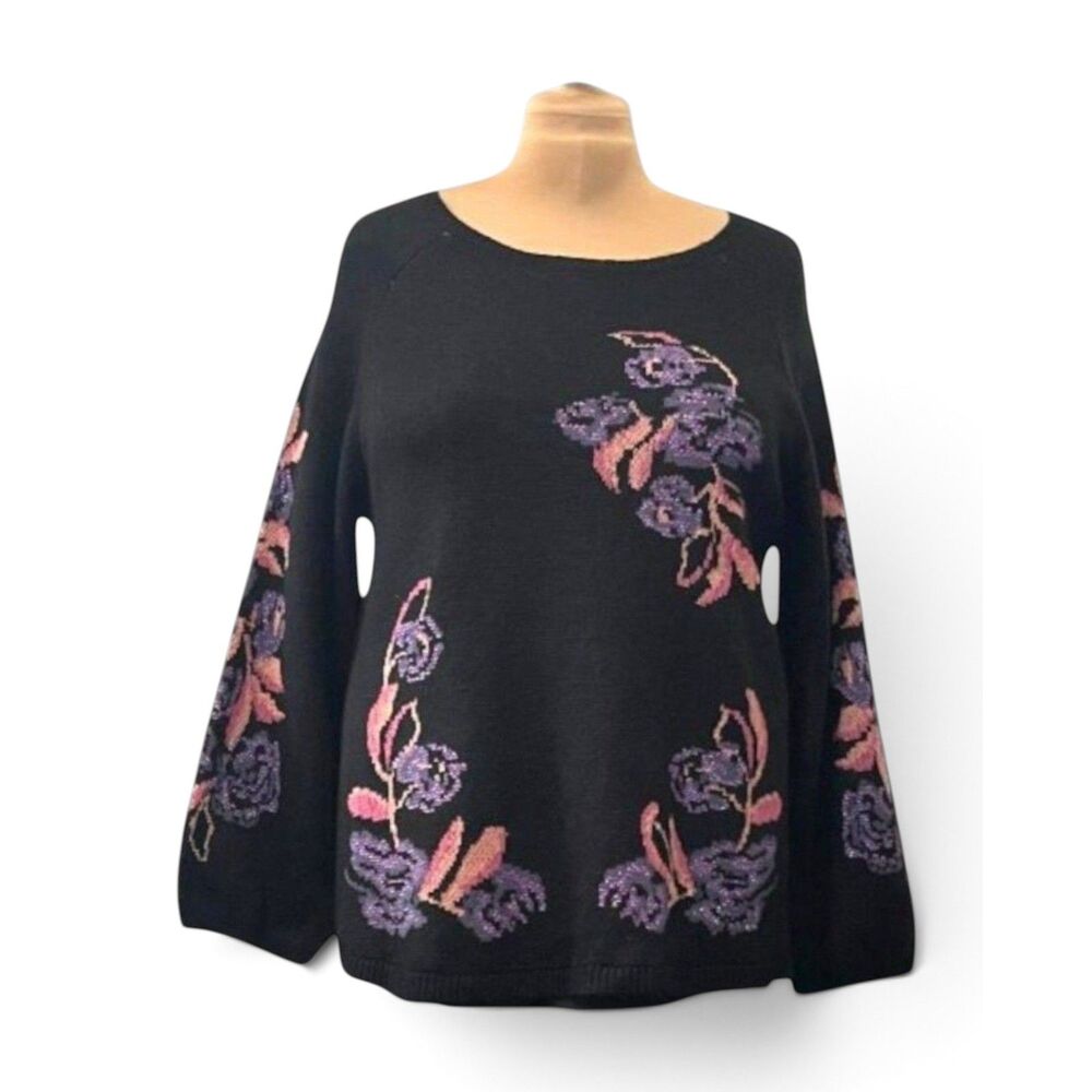 STYLE & CO. Black Crewneck Sparkle & Floral Pullover Sweater, NEW! Size XXL